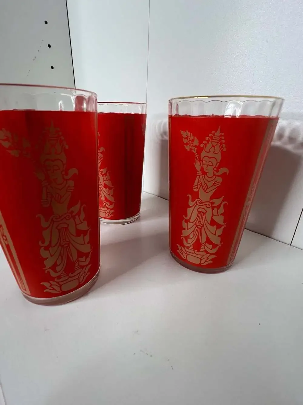Set of 3 Vintage Mid Century Thai Goddess Lakshmi 14 Oz. Glasses